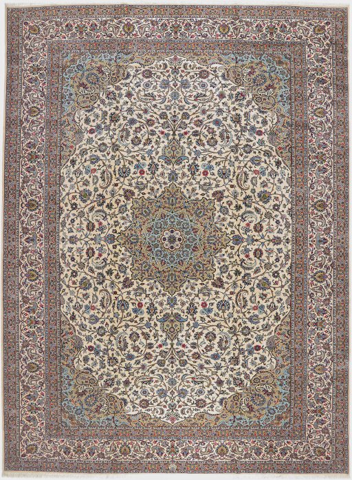 Full view of 1980s Kashan rug from Iran / Persia, 471 × 345 cm in Cream tones