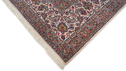 Backside of handmade 1980s Kashan rug showing knot structure and weave density