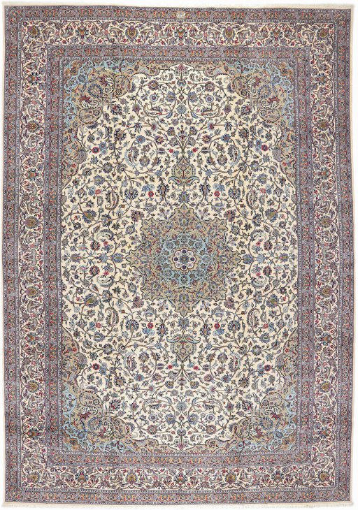 Full view of 1980s Kashan rug from Iran / Persia, 489 × 342 cm in Cream tones