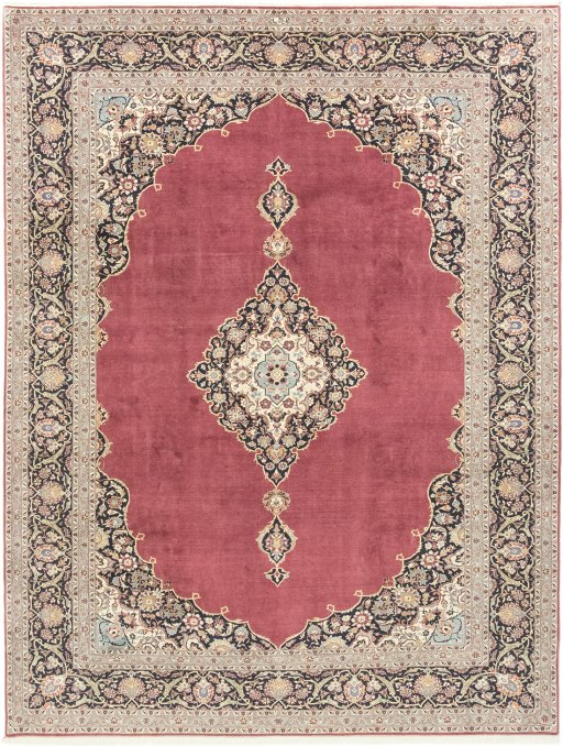 Full view of 1980s Kashan rug from Iran / Persia, 399 × 310 cm in Dark red tones