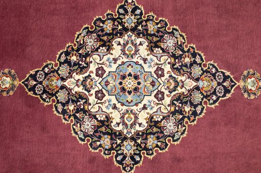 Full view of 1980s Kashan rug from Iran / Persia, 399 × 310 cm in Dark red tones