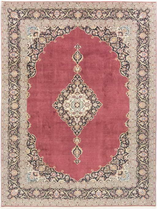 Full view of 1980s Kashan rug from Iran / Persia, 397 × 304 cm in Dark red tones