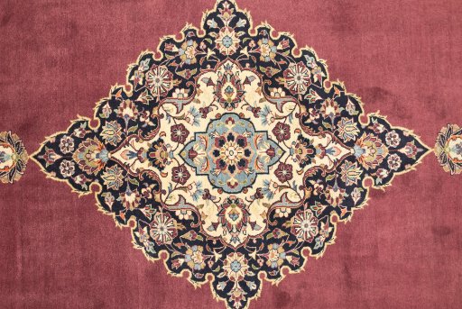 Full view of 1980s Kashan rug from Iran / Persia, 397 × 304 cm in Dark red tones