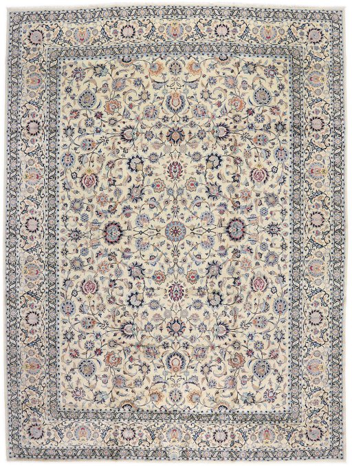 Full view of 1970s Kashan rug from Iran / Persia, 437 × 325 cm in Cream tones
