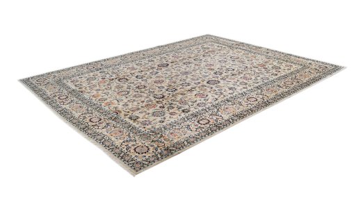 Corner detail of 1970s Kashan rug showing border pattern and Wool pile