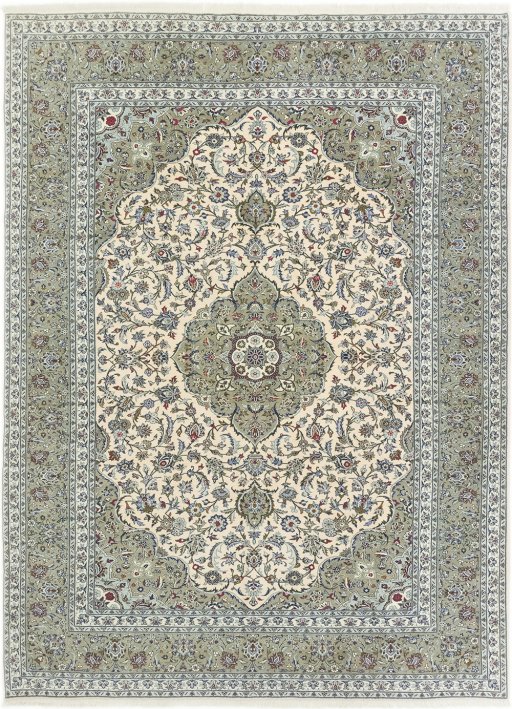 Full view of 1990s Kashan rug from Iran / Persia, 399 × 292 cm in Cream tones