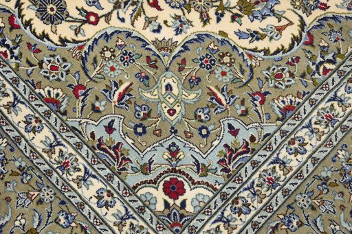 Full view of 1990s Kashan rug from Iran / Persia, 399 × 292 cm in Cream tones