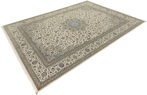 Corner detail of 1990s Kashan rug showing border pattern and Wool pile