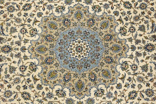 Full view of 1990s Kashan rug from Iran / Persia, 397 × 293 cm in White tones