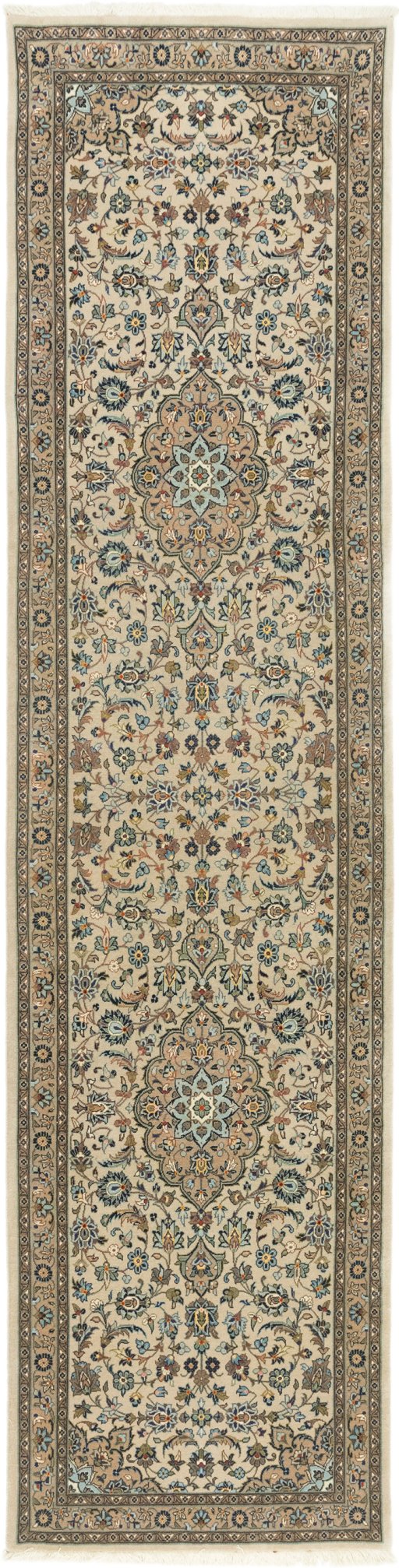 Full view of 1990s Kashan rug from Iran / Persia, 397 × 96 cm in Brown tones