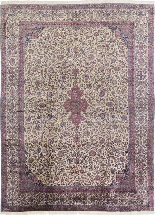 Full view of 1900s Kashan rug from Iran / Persia, 357 × 262 cm in Cream tones