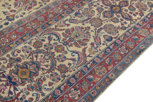 Full view of 1900s Kashan rug from Iran / Persia, 357 × 262 cm in Cream tones
