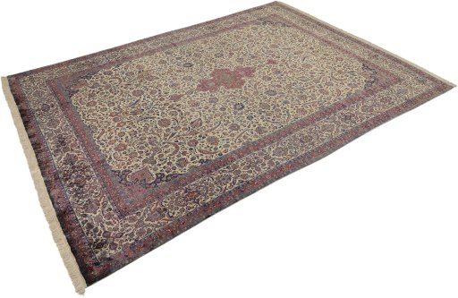 Corner detail of 1900s Kashan rug showing border pattern and Silk pile