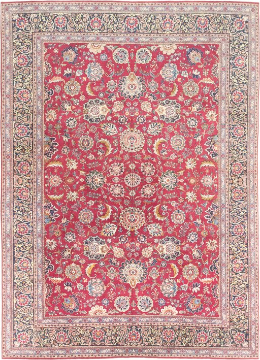 Full view of 1950s Kashan rug from Iran / Persia, 378 × 270 cm in Red tones