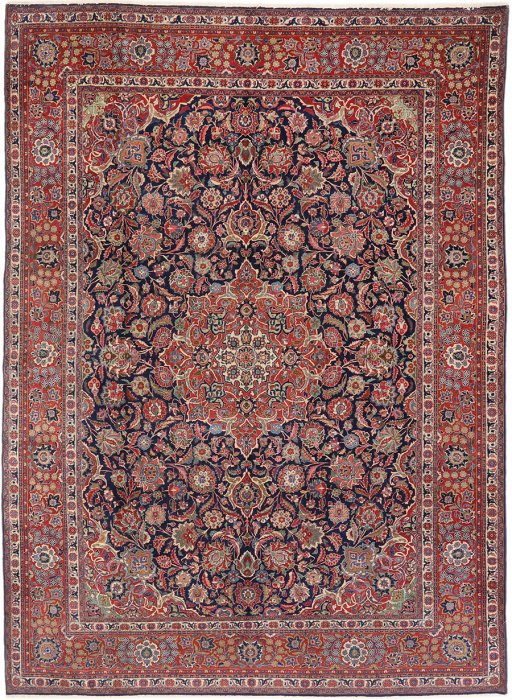 Full view of 1930s Kashan rug from Iran / Persia, 356 × 262 cm in Dark blue tones