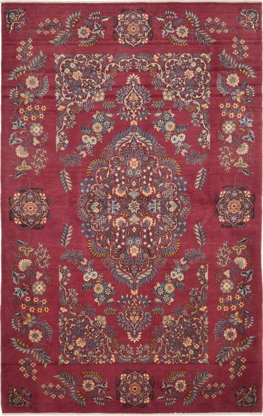 Full view of 1950s Kashan rug from Iran / Persia, 208 × 128 cm in Red tones