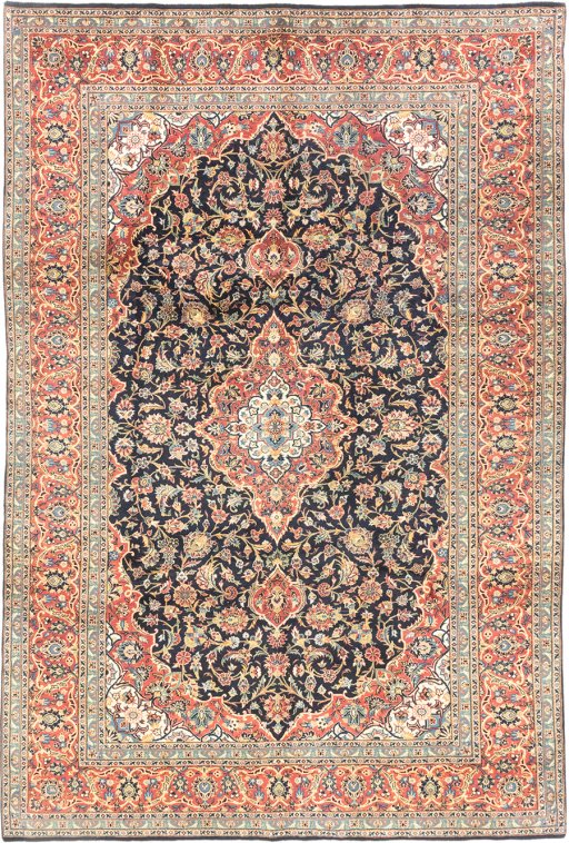Full view of New Kashan rug from Iran / Persia, 338 × 226 cm in Dark blue tones