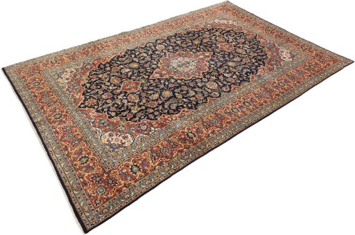 Corner detail of New Kashan rug showing border pattern and Wool pile