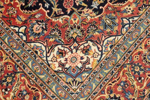 Full view of New Kashan rug from Iran / Persia, 338 × 226 cm in Dark blue tones