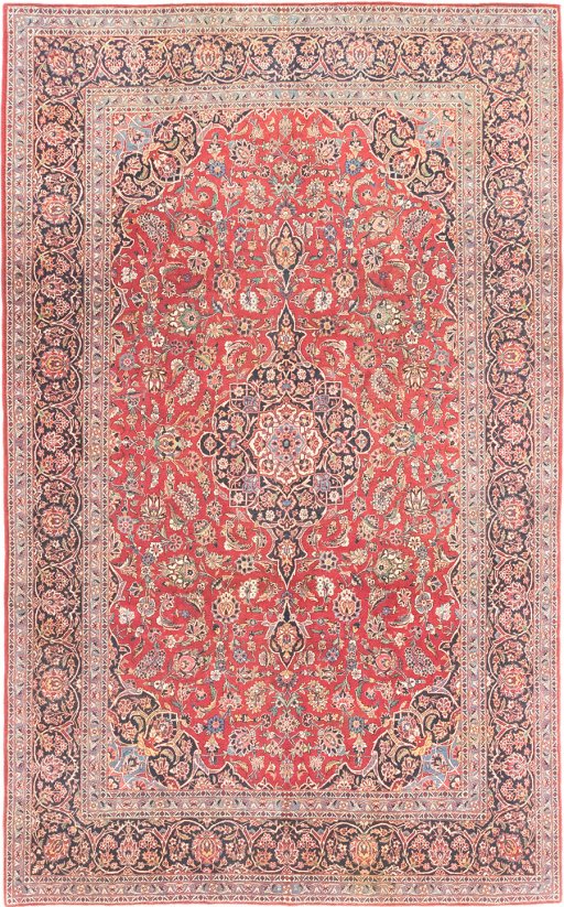 Full view of 1950s Kashan rug from Iran / Persia, 363 × 229 cm in Dark red tones