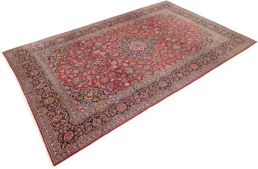 Corner detail of 1950s Kashan rug showing border pattern and Wool pile