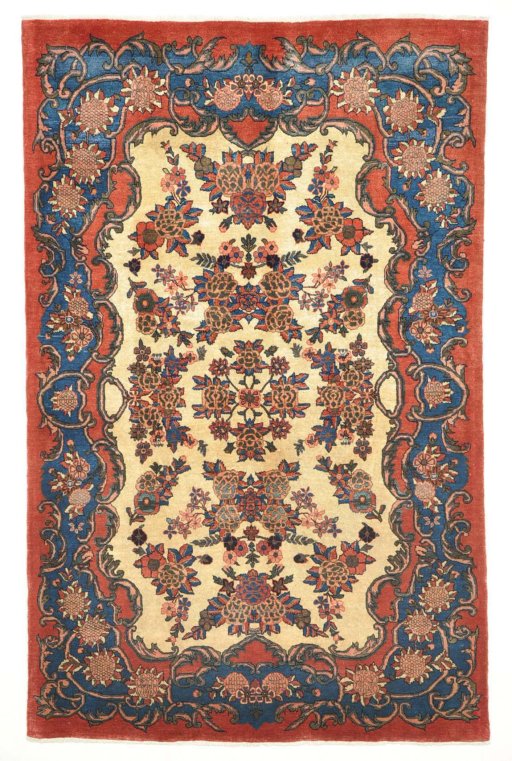 Full view of 1950s Kashan rug from Iran / Persia, 209 × 134 cm in Beige tones