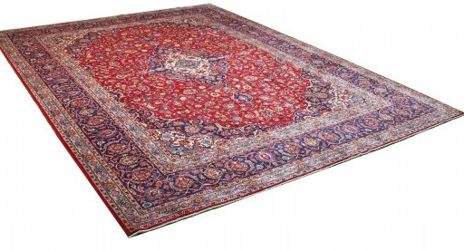 Corner detail of 2000s Kashan rug showing border pattern and Wool pile