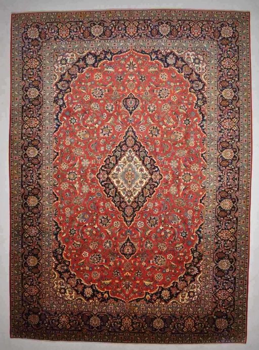 Full view of 2000s Kashan rug from Iran / Persia, 385 × 276 cm in Red tones