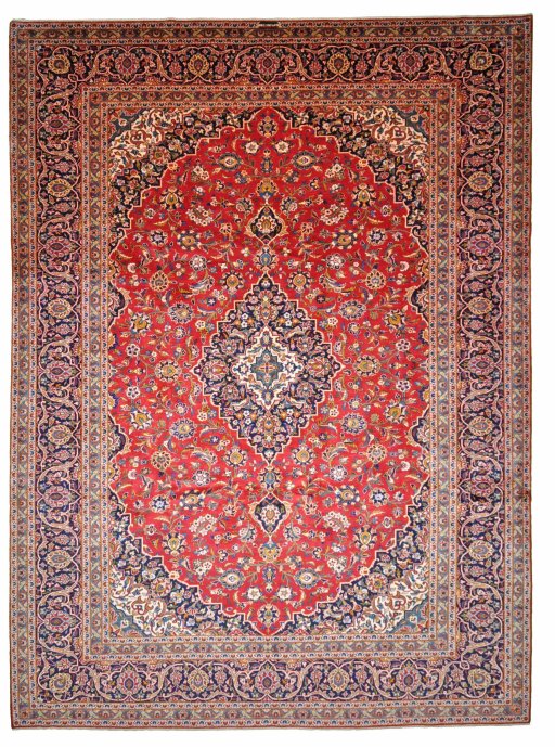 Full view of 2000s Kashan rug from Iran / Persia, 400 × 294 cm in Red tones