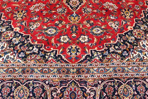 Full view of 2000s Kashan rug from Iran / Persia, 400 × 294 cm in Red tones