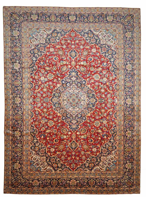 Full view of 2000s Kashan rug from Iran / Persia, 417 × 303 cm in Red tones
