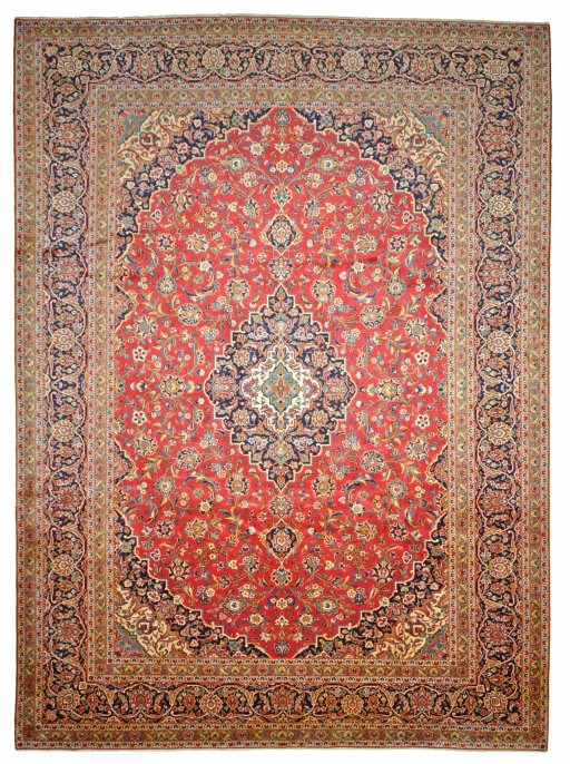 Full view of 2000s Kashan rug from Iran / Persia, 422 × 306 cm in Red tones