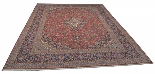 Corner detail of New Kashan rug showing border pattern and Cork pile