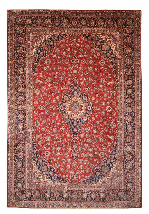 Full view of 1970s Kashan rug from Iran / Persia, 394 × 270 cm in Red tones