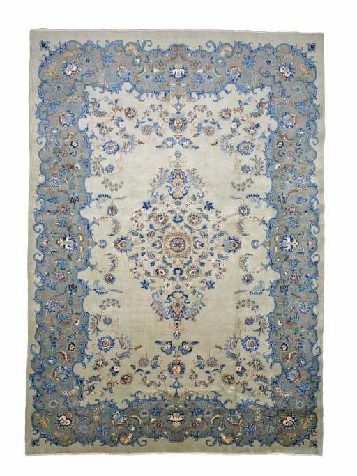 Full view of 2000s Kashan rug from Iran / Persia, 360 × 250 cm in Green tones