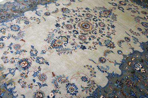 Full view of 2000s Kashan rug from Iran / Persia, 360 × 250 cm in Green tones