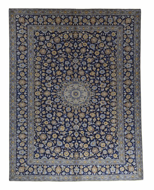 Full view of 2000s Kashan rug from Iran / Persia, 390 × 298 cm in Blue tones