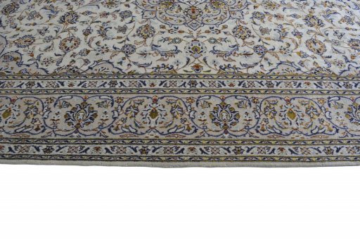Full view of 2000s Kashan rug from Iran / Persia, 360 × 244 cm in Beige tones