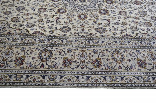 Full view of 2000s Kashan rug from Iran / Persia, 357 × 245 cm in Beige tones