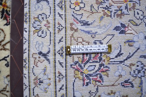 Full view of 2000s Kashan rug from Iran / Persia, 365 × 245 cm in Beige tones
