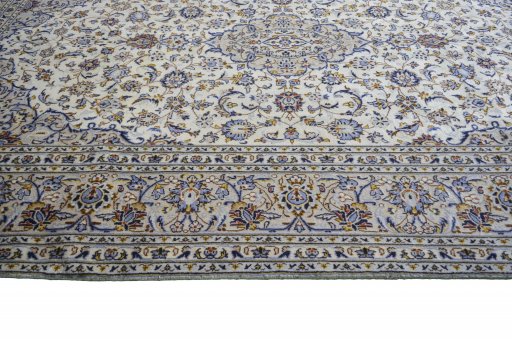 Full view of 2000s Kashan rug from Iran / Persia, 310 × 201 cm in Beige tones