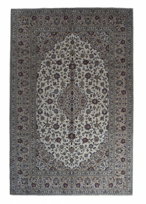 Full view of 2000s Kashan rug from Iran / Persia, 305 × 202 cm in Beige tones