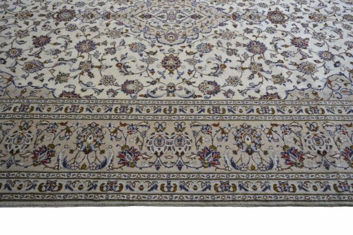 Full view of 2000s Kashan rug from Iran / Persia, 305 × 202 cm in Beige tones
