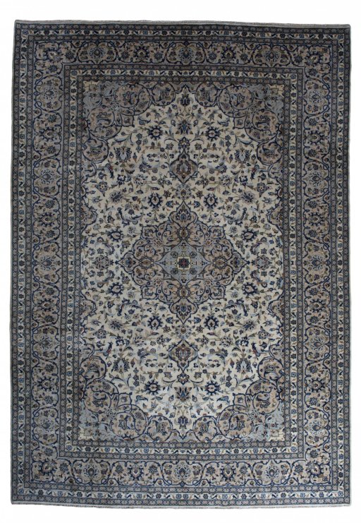Full view of 2000s Kashan rug from Iran / Persia, 356 × 245 cm in Beige tones