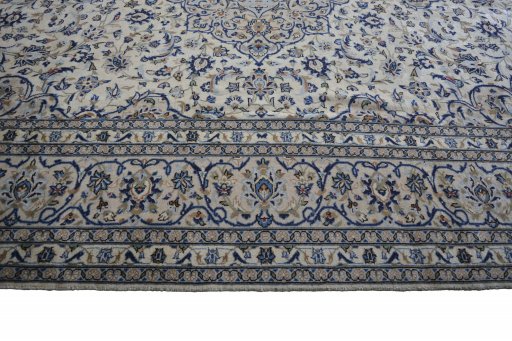 Full view of 2000s Kashan rug from Iran / Persia, 356 × 245 cm in Beige tones