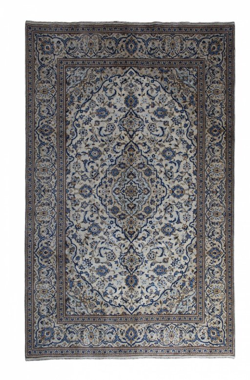 Full view of 2000s Kashan rug from Iran / Persia, 308 × 194 cm in Beige tones