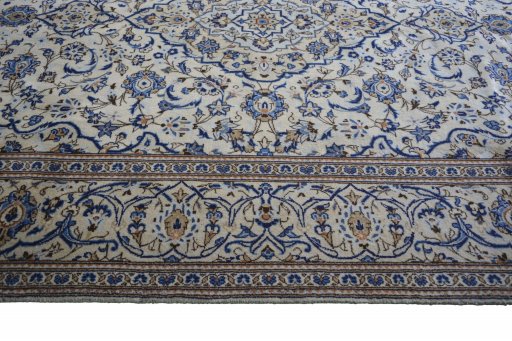 Full view of 2000s Kashan rug from Iran / Persia, 308 × 194 cm in Beige tones
