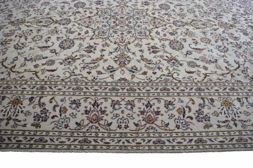 Full view of 2000s Kashan rug from Iran / Persia, 295 × 196 cm in Beige tones