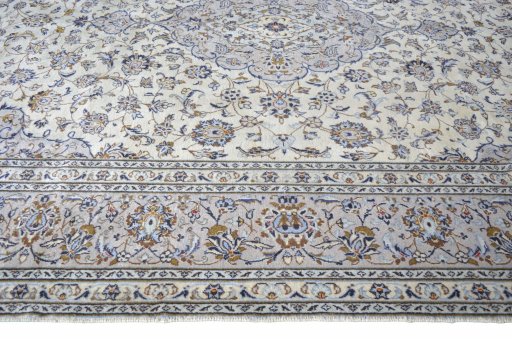 Full view of 2000s Kashan rug from Iran / Persia, 341 × 240 cm in Beige tones