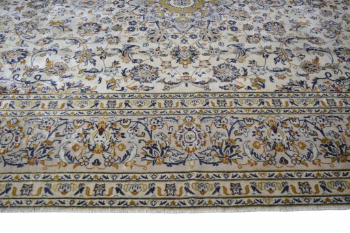 Full view of 2000s Kashan rug from Iran / Persia, 352 × 248 cm in Beige tones